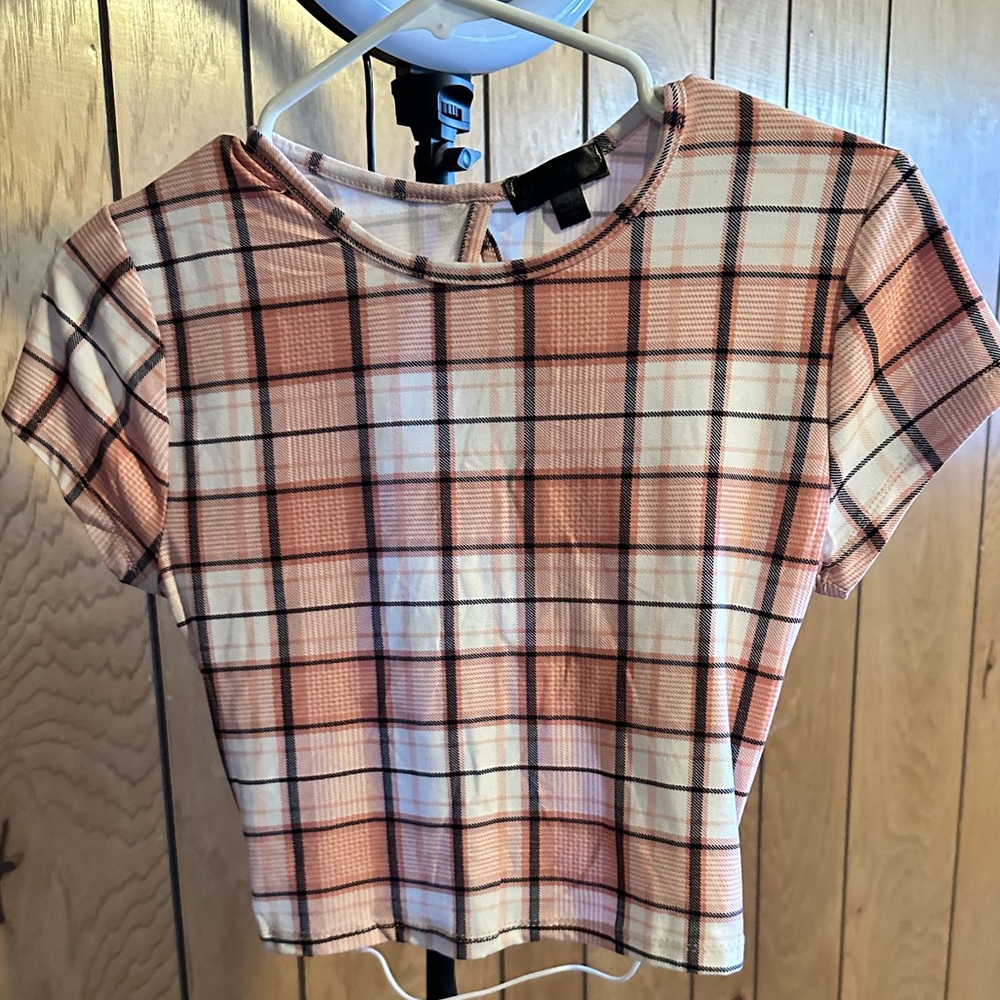 Pink and white checkered shirt with cross back